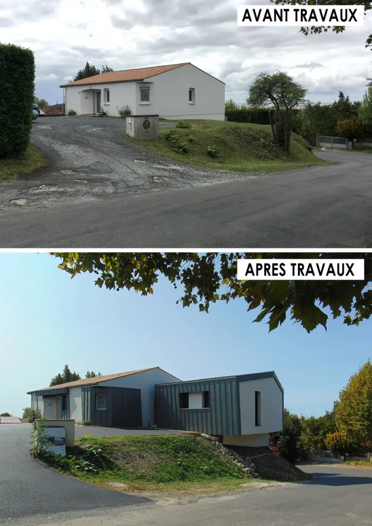 Bâtiment de bureaux avant et après son extension à Mortagne-sur-Gironde