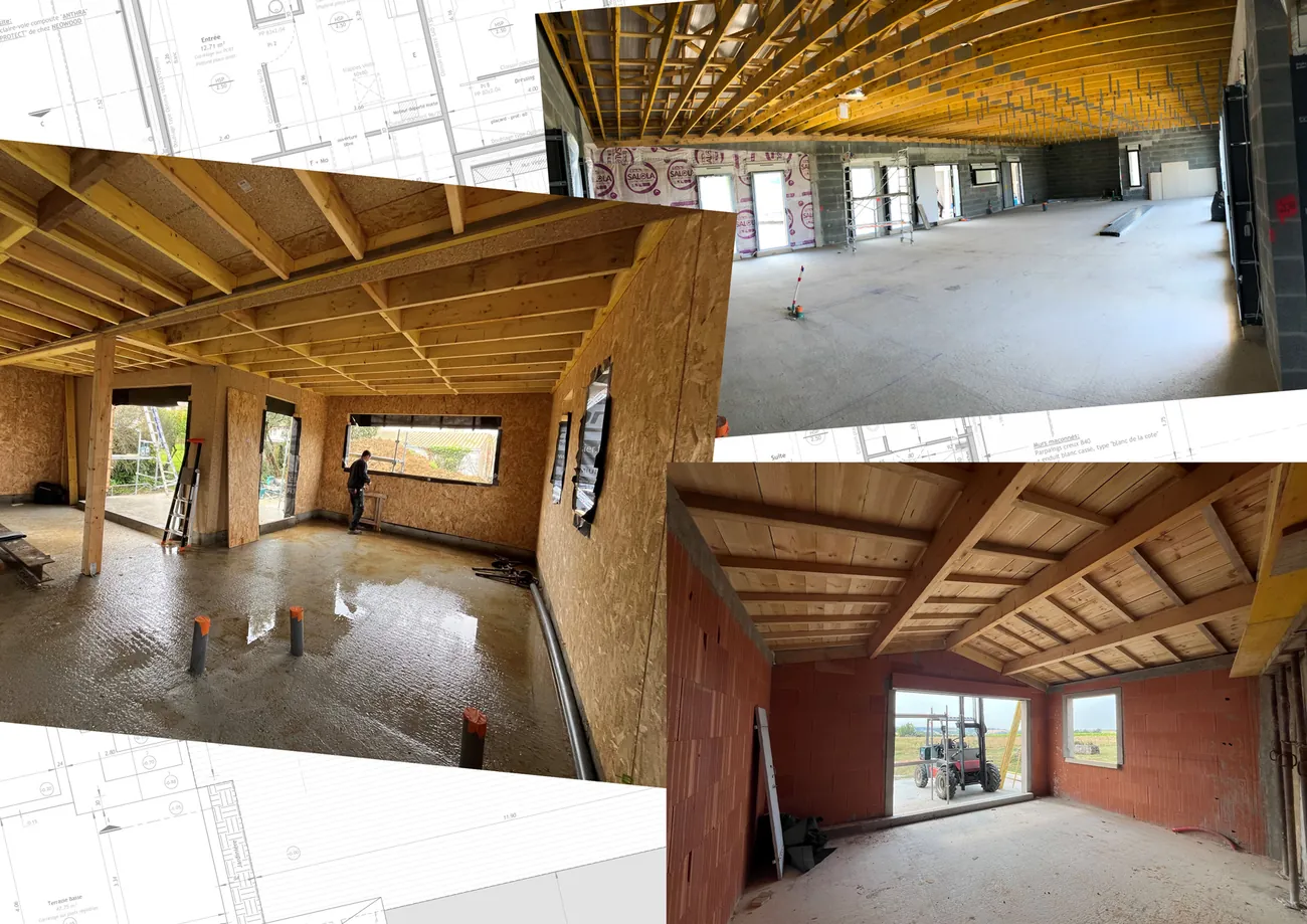 Chantier en cours suivi en maîtrise d'œuvre : charpente bois et murs en construction