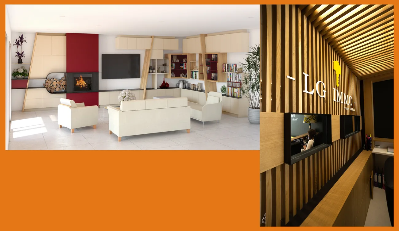 Mobilier et agencement sur mesure d'une agence : rendu 3D et réalisation